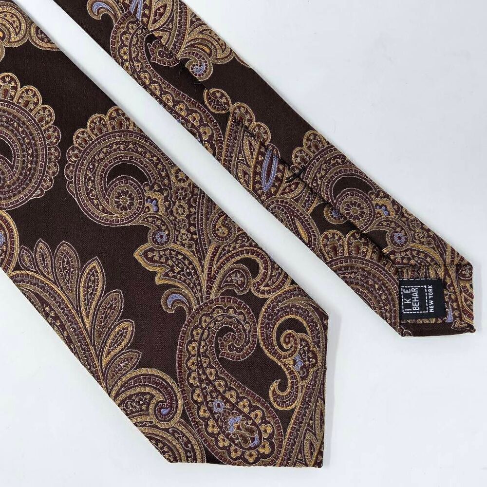 IKE BEHAR NEW YORK SILK TIE PAISLEY BROWN GOLD SATIN 3.25" X 60"